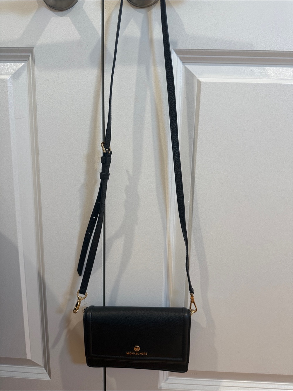 Michael Kors Black Pebbled Leather Crossbody Wallet with Gold Hardware